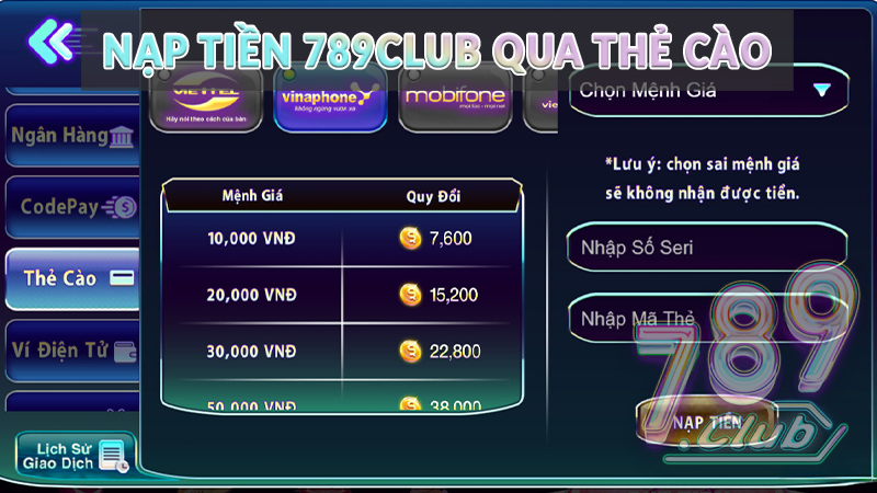 Nạp tiền 789club qua thẻ cào